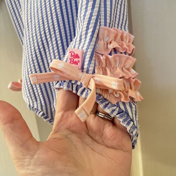 RuffleButts Seersucker One Piece Rash Guard Swimsuit Blue Pink Size 6-12 Months - Picture 7 of 15